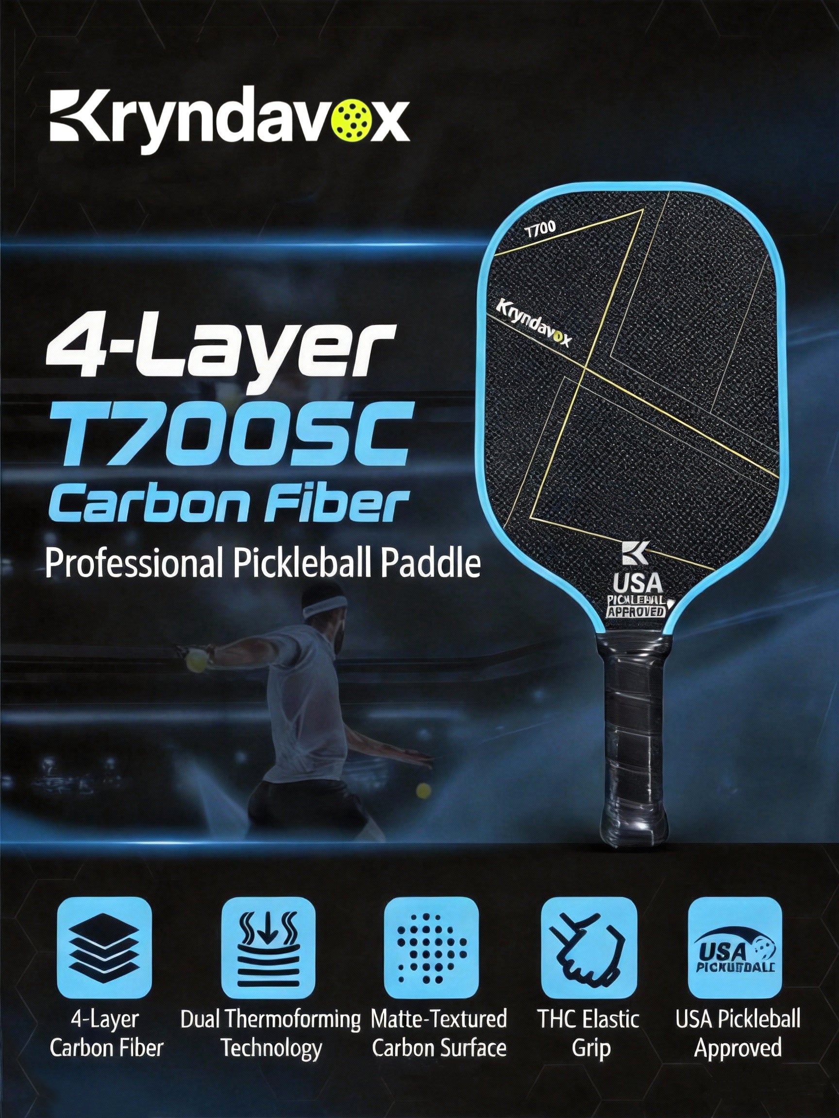 Kryndavox  Pickleball Paddle - T700 Carbon Fiber - USAP Approved -- Good for All Skill Levels - Professional Grade