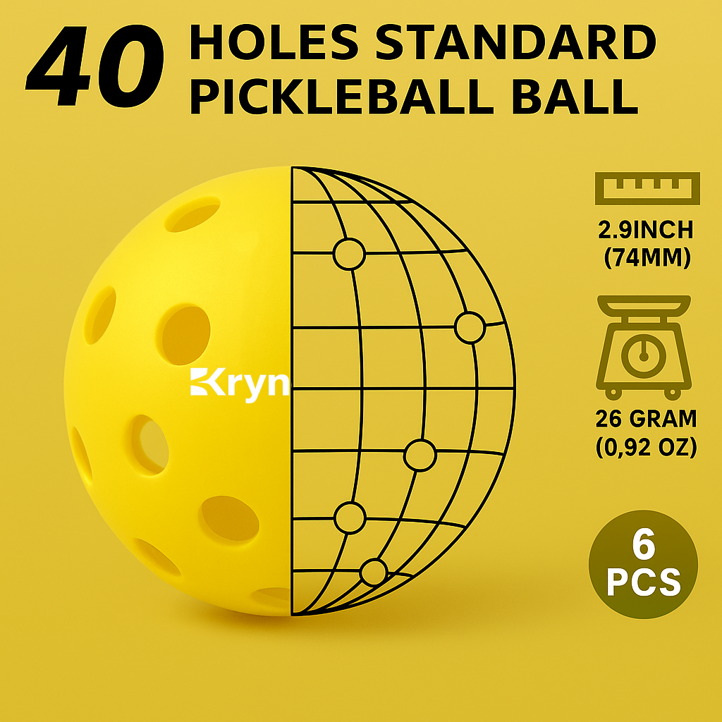 Kryndavox Pickleball Balls, 6 Pack 40-Hole Seamless Outdoor Pickleballs, USAPA Approved, Durable Plastic Balls for All Level
