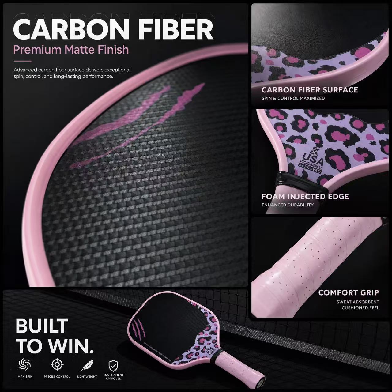Professional-Grade Double-Sided Pickleball T700 Carbon Fiber Pink Panther Racket, 16mm Thick, with Frosted Surface, Protective Side Strips, and a Large Racket face