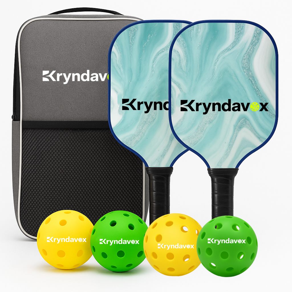 Kryndavox Carbon Fiber/Glass Fiber pickleball sets , USA Association Certified, 2 Racquets, 4 Balls, One Bag