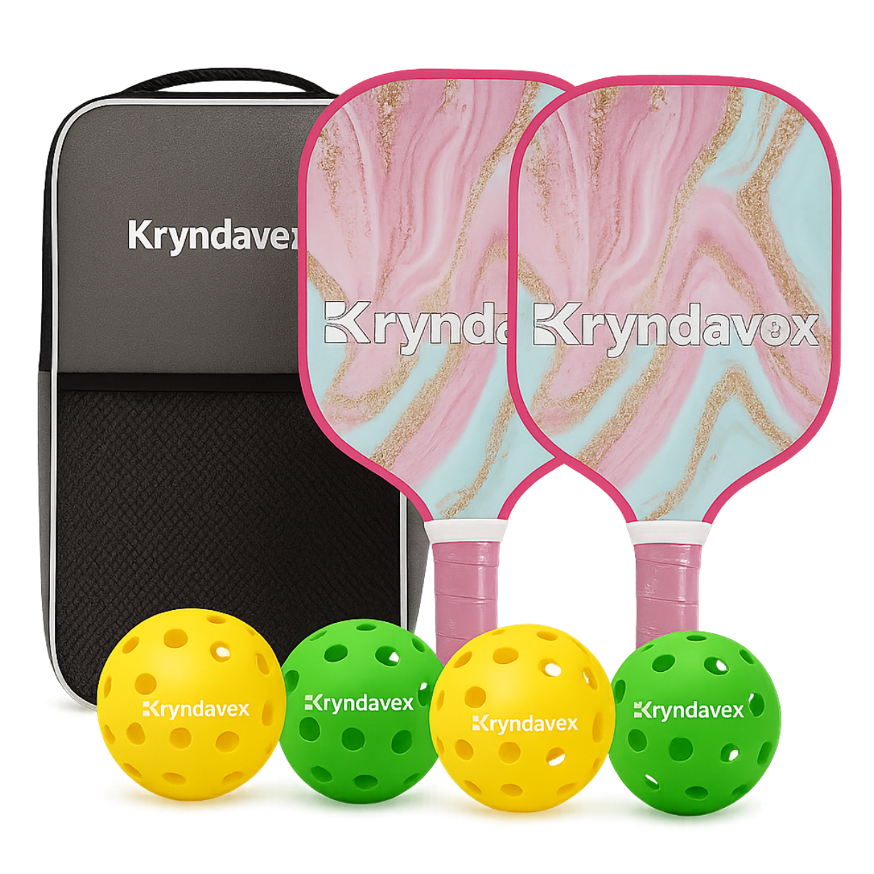 Kryndavox Carbon Fiber/Glass Fiber pickleball sets , USA Association Certified, 2 Racquets, 4 Balls, One Bag